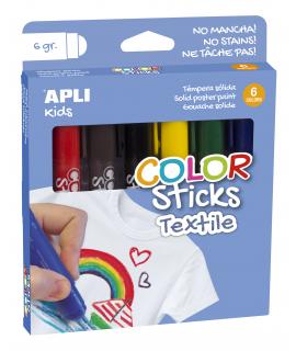 Apli Color Sticks Textil - Pack 6 Unidades de 6g - Colores Surtidos Resistentes Al Lavado - Secado Al Aire en 12 Horas -