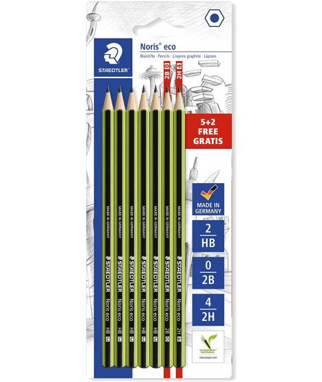 Staedtler Noris Eco Pack de 7 Lapices de Grafito Hexagonales - Graduaciones Surtidas - Superficie Aterciopelada - Mina de Desliz
