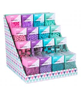 Apli Nordik Collection Expositor de Productos Basicos - Colores Pastel Surtidos - 12 Cajas de Gomas Elasticas, Pins, Clips y Pin
