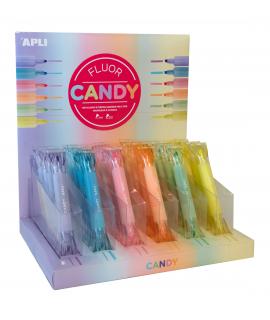 Apli Expositor de Subrayadores Fluorescentes con Forma de Caramelo - Doble Punta: Plana 5mm y Redonda 2mm - 6 Colores Fluor - 36