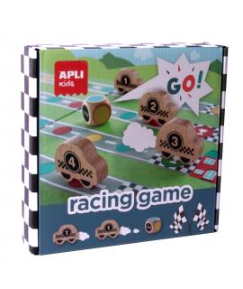 Apli Racing Game Juego de Mesa - Tablero Despegable - 4 Piezas de Madera con Forma de Coche - Dado de Colores - Enseña a Respeta