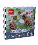 Apli Racing Game Juego de Mesa - Tablero Despegable - 4 Piezas de Madera con Forma de Coche - Dado de Colores - Enseña a Respeta