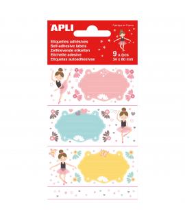 Apli Etiquetas Adhesivas Escolares Bailarinas - Tamaño 81x36mm - 9 Etiquetas (3 por Diseño) - Adhesivo Permanente de Alta Calida