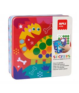 Apli Kids Juego de Gomets Dino - Incluye 8 Laminas Ilustradas - 8 Hojas de Gomets Removibles - Caja Metalica Exclusiva