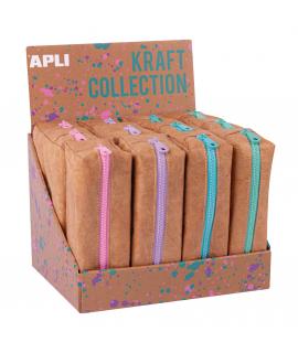 Apli Kraft Collection Expositor de 12 Estuches Compactos con Cremallera de Colores Pastel - Estuches de 185x75x55mm con Gran