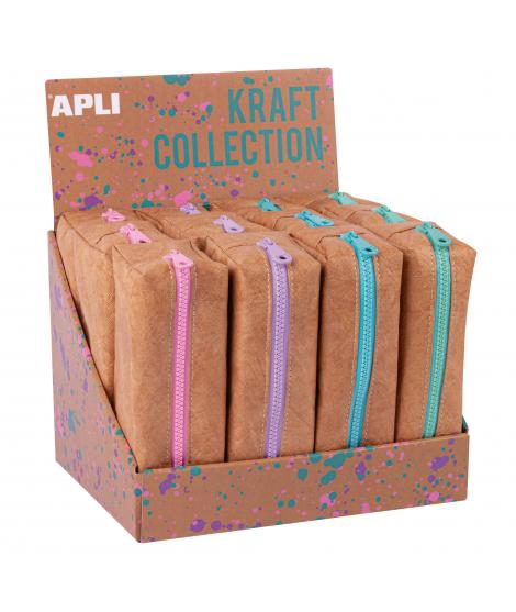 Apli Kraft Collection Expositor de 12 Estuches Compactos con Cremallera de Colores Pastel - Estuches de 185x75x55mm con Gran