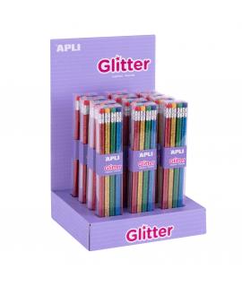 Apli Glitter Collection Lapices de Grafito con Goma - 2mm HB - 12 Packs de 8 Lapices - 8 Colores Purpurina - Expositor