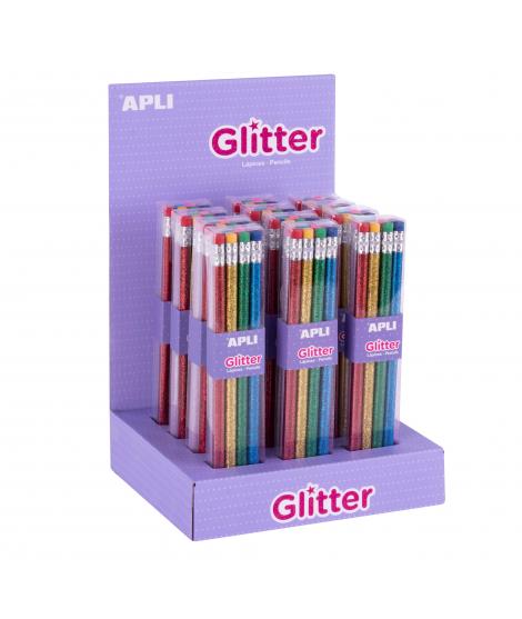 Apli Glitter Collection Lapices de Grafito con Goma - 2mm HB - 12 Packs de 8 Lapices - 8 Colores Purpurina - Expositor