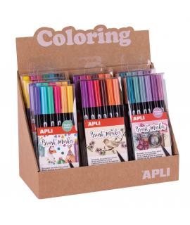 Apli Coloring Brush Markers - Expositor con 8 Packs Surtidos - Doble Punta de Nylon Tipo Pincel de 1-4 mm y Punta Redonda de 1 m