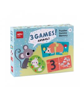 Apli Set de 3 juegos Animales: 1 Puzle de 24 Piezas, 1 Domino de 36 Piezas y 1 Memory de 24 Piezas