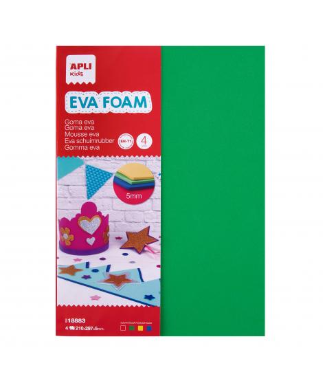 Apli Goma Eva Multicolor A4, 5mm - 4 Hojas Gruesas - Rojo, Amarillo, Verde y Azul