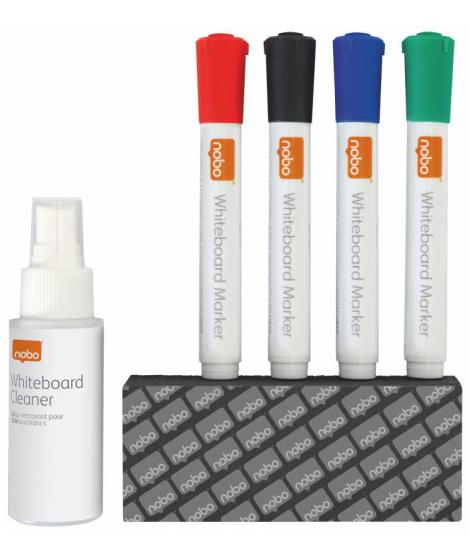 Nobo Kit Basico Accesorios Pizarra Blanca Borrado Seco - 4 Rotuladores Pizarra - Borrador Pizarra - Spray Limpiador 50Ml - Negro