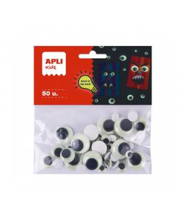 Apli Kids Bolsa de 50 Ojos Moviles Redondos Adhesivos - Brillan en la Oscuridad - Tamaños 8mm, 10mm, 15mm, 20mm