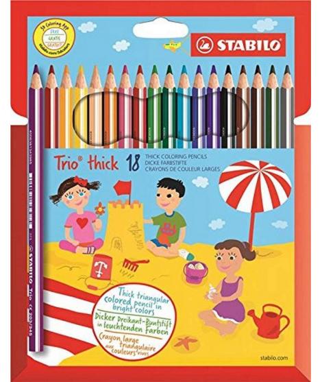 Stabilo Trio Thick Pack de 18 Lapices de Colores - Mina de 4.2mm - Forma Triangular - Colores Surtidos