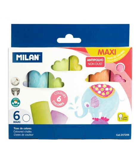 Milan Pack de 6 Tizas Maxi - Redondas - Antipolvo - No Contienen Caseina ni Yeso - Colores Surtidos