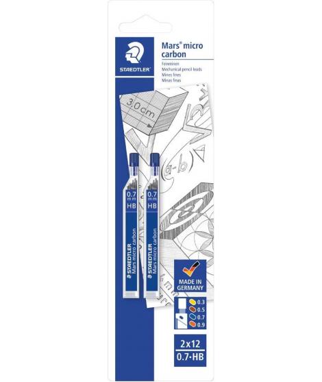 Staedtler Micro Carbon 250 Pack de 2 Tubos de 12 Minas - Mina HB de 0.7mm - Resistencia a la Rotura - 90% Procedente de Material