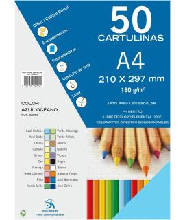Dohe Pack de 50 Cartulinas A4 180 g/m² - Aptas para Impresion - PH Neutro - Libres de Cloro Elemental - Color Azul Oceano