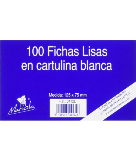 Mariola Pack de 100 Fichas Lisas Nº2 para Fichero - Medidas 125x75mm - Color Blanco