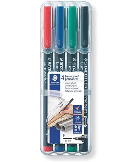 Staedtler Lumocolor 318 Pack de 4 Rotuladores Permanentes - Punta Fina Redonda - Trazo 0.6mm - Capuchon con Clip - Secado Rapido