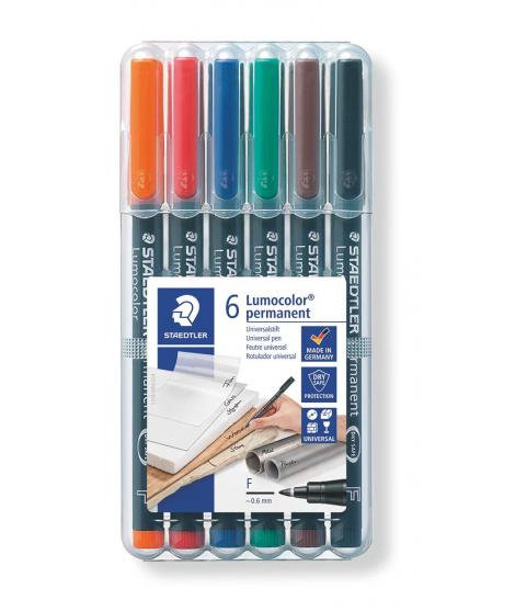 Staedtler Lumocolor 318 Pack de 6 Rotuladores Permanentes - Punta Fina Redonda - Trazo 0.6mm - Capuchon con Clip - Secado Rapido