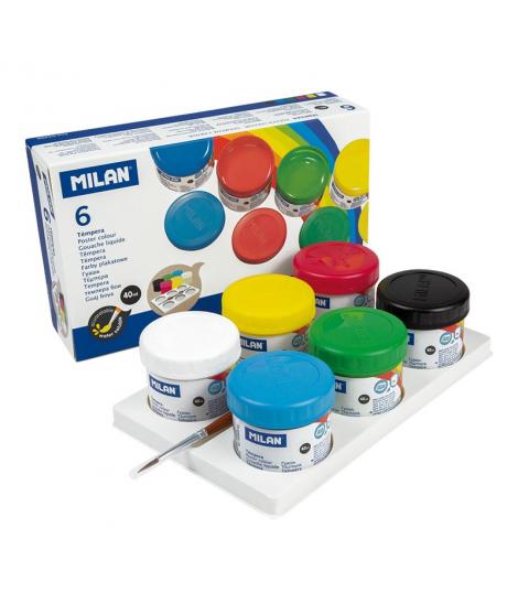 Milan Pack de 6 Botes de Tempera 40ml + 1 Pincel Serie 101 - Secado Rapido - Mezclable - Colores Surtidos