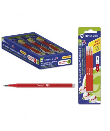 Bismark Fix Pack de 3 Recambios para Boligrafo Borrable - Punta Fina 0.7mm - Color Rojo