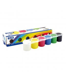 Milan Pack de 6 Botes de Tempera 25ml + 1 Pincel Serie 101 - Secado Rapido - Mezclable - Colores Surtidos