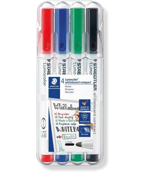 Staedtler Lumocolor Whiteboard Compact 341 Pack de 4 Marcadores para Pizarra - Secado Rapido - Colores Surtidos