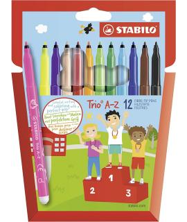 Stabilo Trio AZ Pack de 12 Rotulador de Punta Fina de Fibra - Trazo 0.7mm - Tinta Super Lavable - Forma Triangular - Colores Sur