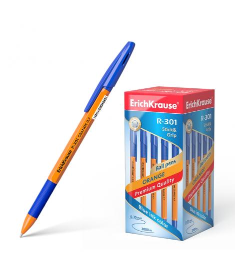 Erichkrause Boligrafo R-301 Stick&Grip - Cuerpo Hexagonal Naranja - Punta de 0.7mm - Tinta de Secado Rapido - Color Azul