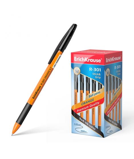 Erichkrause Boligrafo R-301 Stick&Grip 0.7 - Cuerpo Naranja con Agarre de Goma - Tinta de Secado Rapido - Color Negro