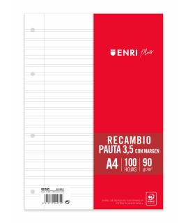 Enri Plus Recambio Formato A4 - Pautado 3.5mm 4 Taladros - 100 Hojas 90gr con Margen