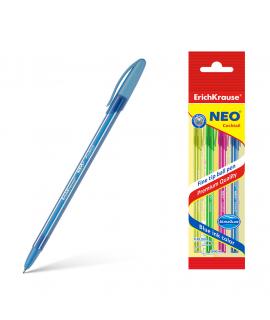 Erichkrause Neo Cocktail Pack de 4 Boligrafos Stick Brillante y Desechable - Punta de Aguja Fina - Tinta Semi-Gel - Color Azul