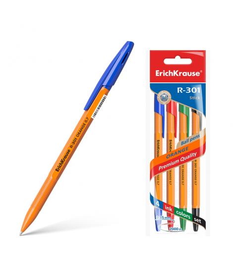 Erichkrause Pack de 4 Boligrafos R-301 Naranja Stick 0.7 - Cuerpo Hexagonal Opaco - Punta de 0.7mm - Tinta de Secado Rapido - Co