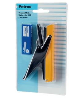 Petrus 205 Mini Majorette Grapadora de Tenaza + 1 Caja 600 Grapas - Hasta 10 Hojas - Grapado Cerrado - Colores Surtidos