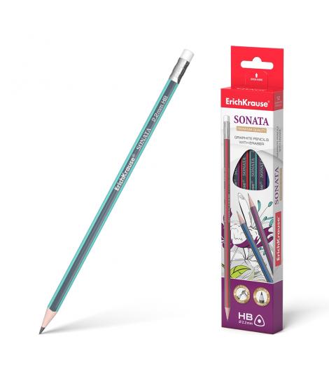 Erichkrause Sonata HB - Lapiz de Grafito Triangular con Goma de Borrar - Madera Seleccionada - Dureza HB - Resistente al Impacto