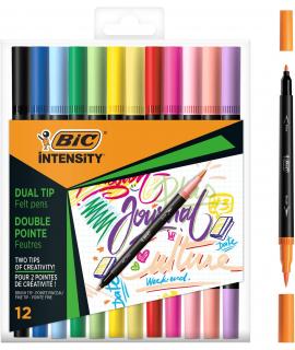 Bic Intensity Dual Tip Pack de 12 Rotuladores Doble Punta - Punta de Pincel + Punta Fina - Tinta con Base de Agua - Colores Clas