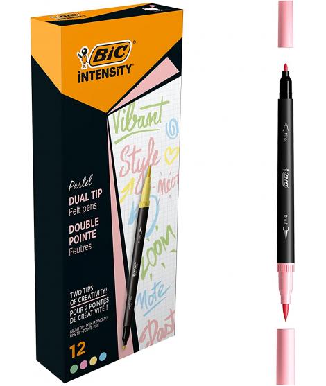 Bic Intensity Dual Tip Pastel Rotulador Doble Punta - Punta de Pincel + Punta Fina - Tinta con Base de Agua - Colores Pastel Sur