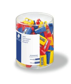 Staedtler Pack de 100 Sacapuntas de Plastico - 1 Agujero - Angulo de Afilado de 23° - Colores Surtidos