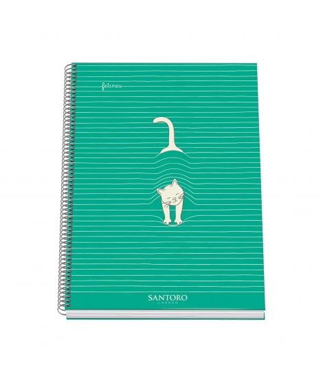 Dohe Santoro Felines Cuaderno Espiral Tapa Dura - Tamaño A4 de 100 Hojas 90gr - Hojas Microperforadas con 4 Taladros - Cuadricul