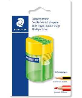 Staedtler 512 Sacapuntas de Plástico Doble Uso - Angulo de Afilado 23º y 30º - 2 Agujeros - Deposito - Colores Surtidos