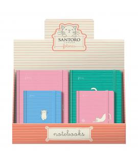 Dohe Santoro Felines Expositor de 12 Cuadernos Cartone - Tamaños A5 y A6 - 96 Hojas Lisas en Papel Ahuesado de 80 g/m2 - Cierre 