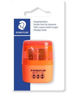 Staedtler Sacapuntas Doble Uso con Deposito - 2 Agujeros - De 8.2mm hasta 10.2mm - Color Naranja Neon