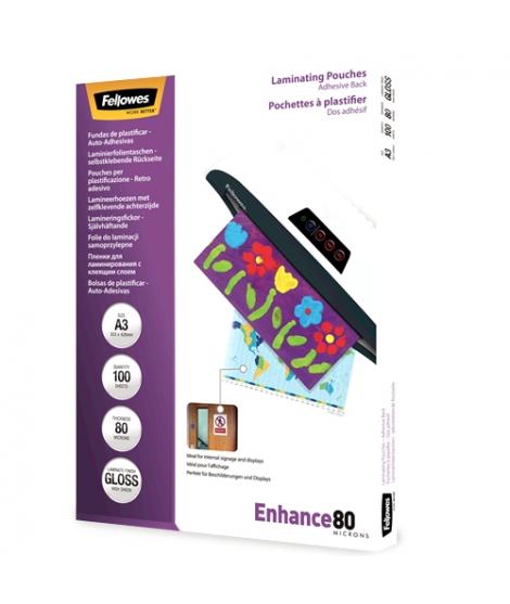 Fellowes Pack de 100 Fundas AutoAdhesivas para Plastificar Brillo A3 - 80 Micras - Alta Calidad - Transparente