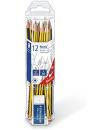 Staedtler Noris 120 Pack de 12 Lapices de Grafito Hexagonales + Goma de Borrar - Mina HB Ultrarresistente de 2mm - Madera de Bos