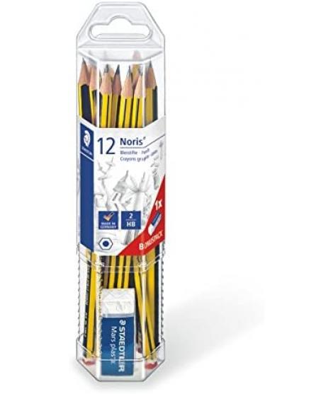 Staedtler Noris 120 Pack de 12 Lapices de Grafito Hexagonales + Goma de Borrar - Mina HB Ultrarresistente de 2mm - Madera de Bos