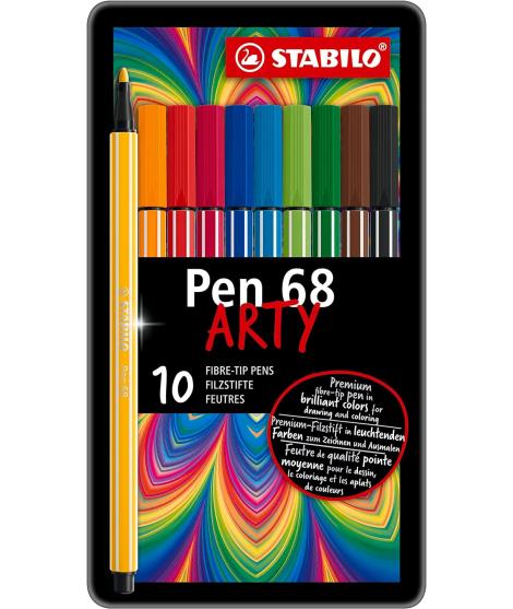 Stabilo Pen 68 Arty Caja Metalica de 10 Rotuladores - Punta de Fibra - Trazo de 1mm aprox. - Tinta a Base de Agua - Capuchon Ven