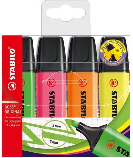 Stabilo Boss 70 Pack de 4 Marcadores Fluorescentes - Trazo entre 2 y 5mm - Recargable - Tinta con Base de Agua - Colores Surtido