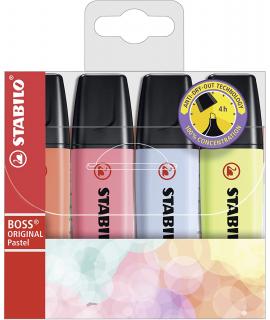 Stabilo Boss 70 Pastel Pack de 4 Marcadores Fluorescentes - Trazo entre 2 y 5mm - Recargable - Tinta con Base de Agua - Colores 