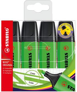 Stabilo Boss 70 Pack de 4 Marcadores Fluorescentes - Trazo entre 2 y 5mm - Recargable - Tinta con Base de Agua - Color Verde